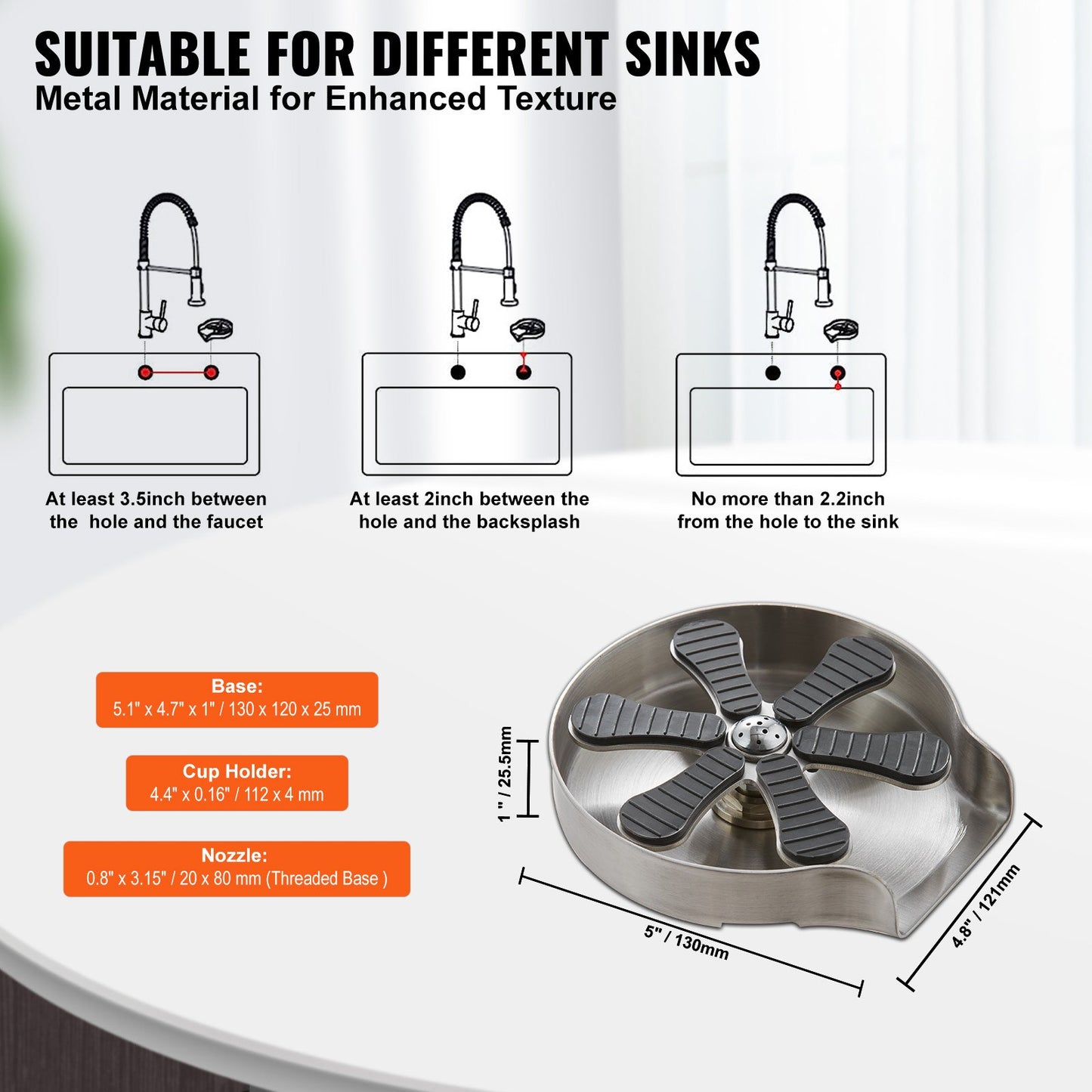 Glass Rinser, 10 Powerful Spraying Jets 360° Rotating Cup Rinser for Sink, 304 Stainless Steel Faucet Cup Washer with Silicone Nonslip Pad for Baby Bottle, Glass Cup, Wine Glass (Drawing Base)