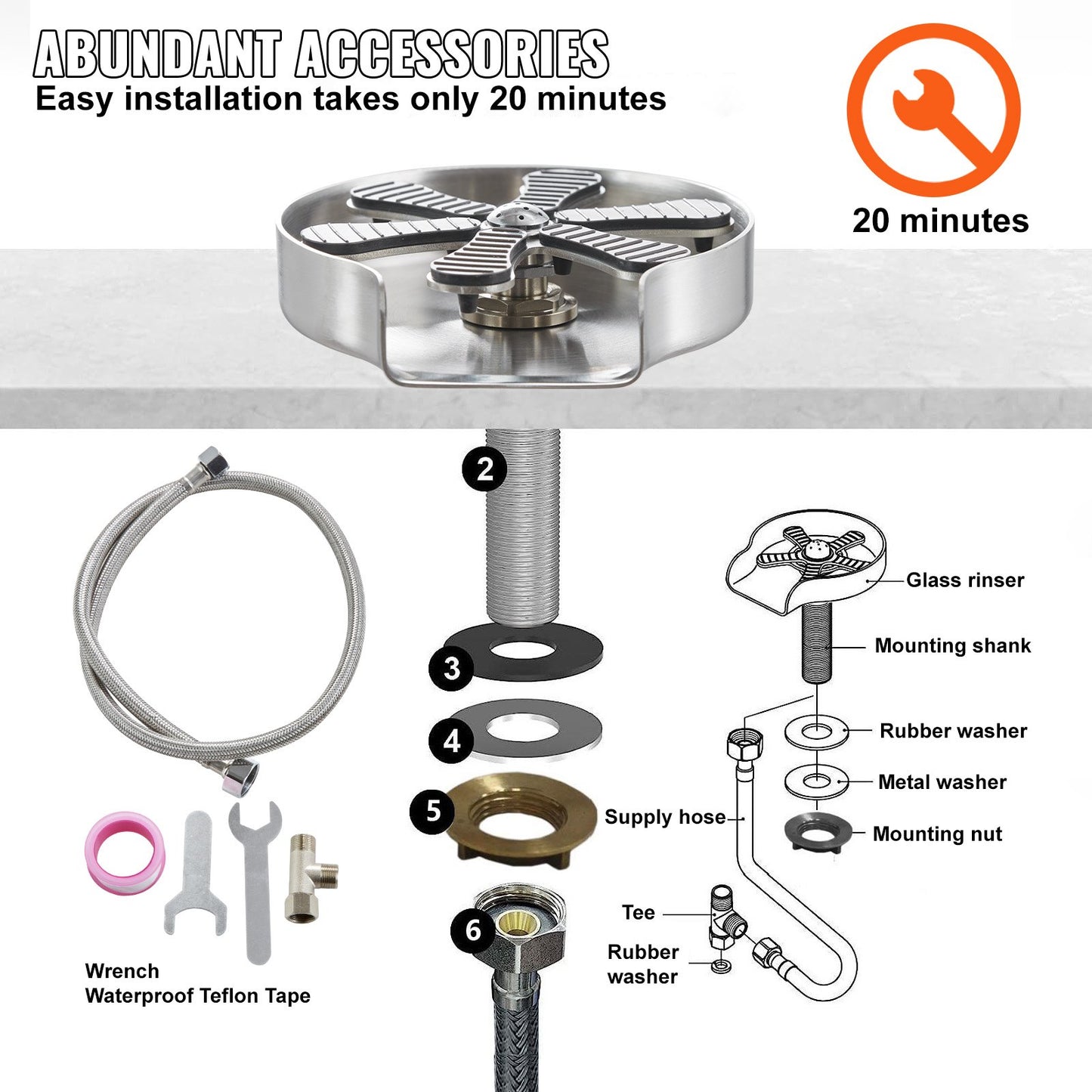 Glass Rinser, 10 Powerful Spraying Jets 360° Rotating Cup Rinser for Sink, 304 Stainless Steel Faucet Cup Washer with Silicone Nonslip Pad for Baby Bottle, Glass Cup, Wine Glass (Drawing Base)