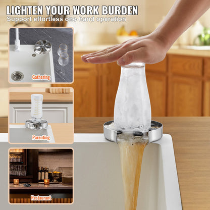 Glass Rinser, 10 Powerful Spraying Jets 360° Rotating Cup Rinser for Sink, 304 Stainless Steel Faucet Cup Washer with Silicone Nonslip Pad for Baby Bottle, Glass Cup, Wine Glass (Drawing Base)