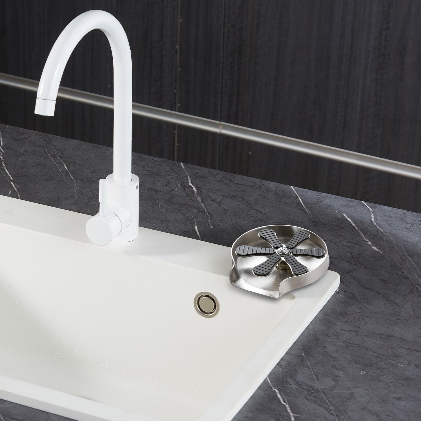 Glass Rinser, 10 Powerful Spraying Jets 360° Rotating Cup Rinser for Sink, 304 Stainless Steel Faucet Cup Washer with Silicone Nonslip Pad for Baby Bottle, Glass Cup, Wine Glass (Drawing Base)