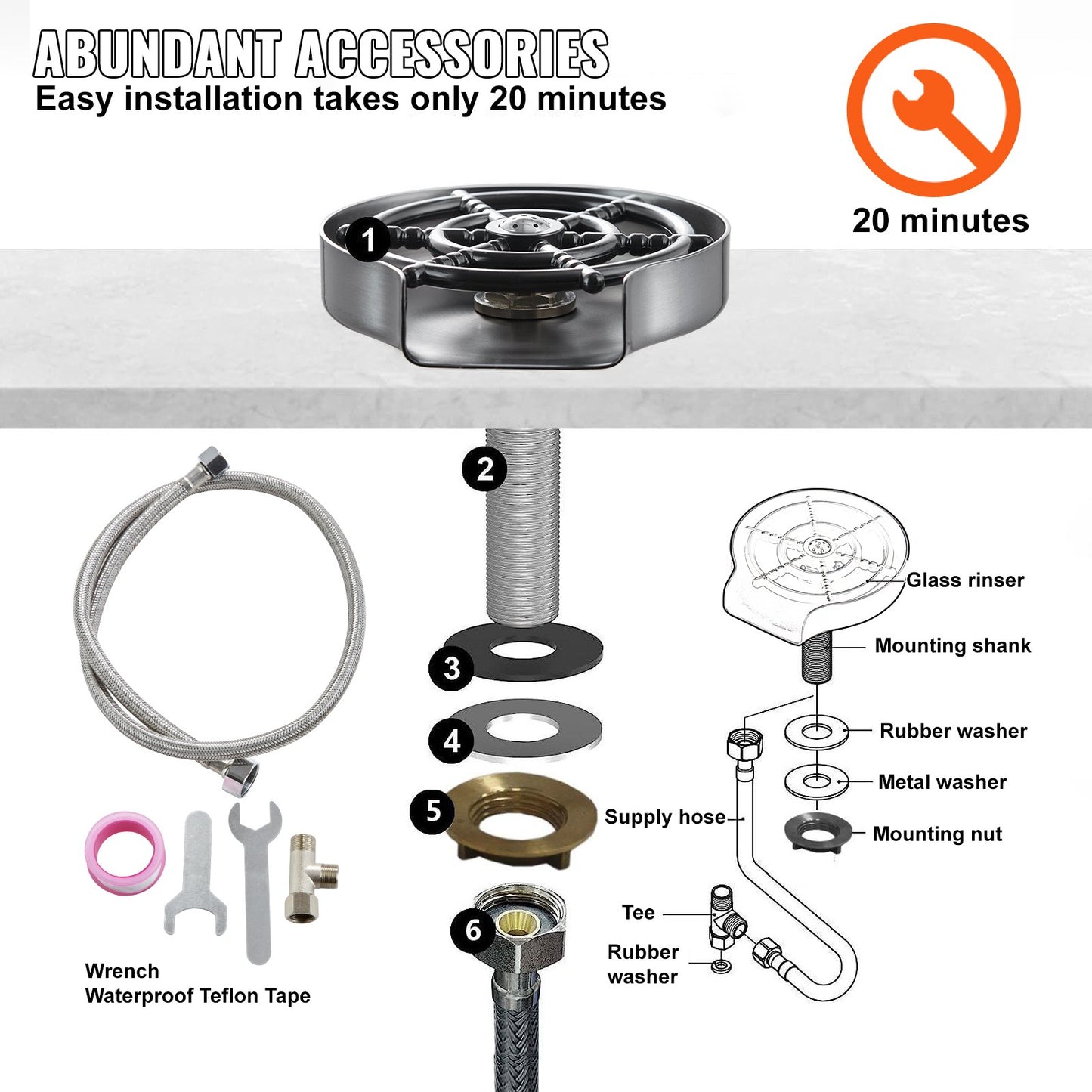 Glass Rinser, 10 Powerful Spraying Jets 360° Rotating Cup Rinser for Sink, 304 Stainless Steel Faucet Cup Washer with ABS Cup Holder for Baby Bottle, Glass Cup, Wine Glass (Silver Grey Base)