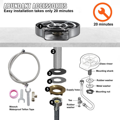 Glass Rinser, 10 Powerful Spraying Jets 360° Rotating Cup Rinser for Sink, 304 Stainless Steel Faucet Cup Washer with ABS Cup Holder for Baby Bottle, Glass Cup, Wine Glass (Silver Grey Base)