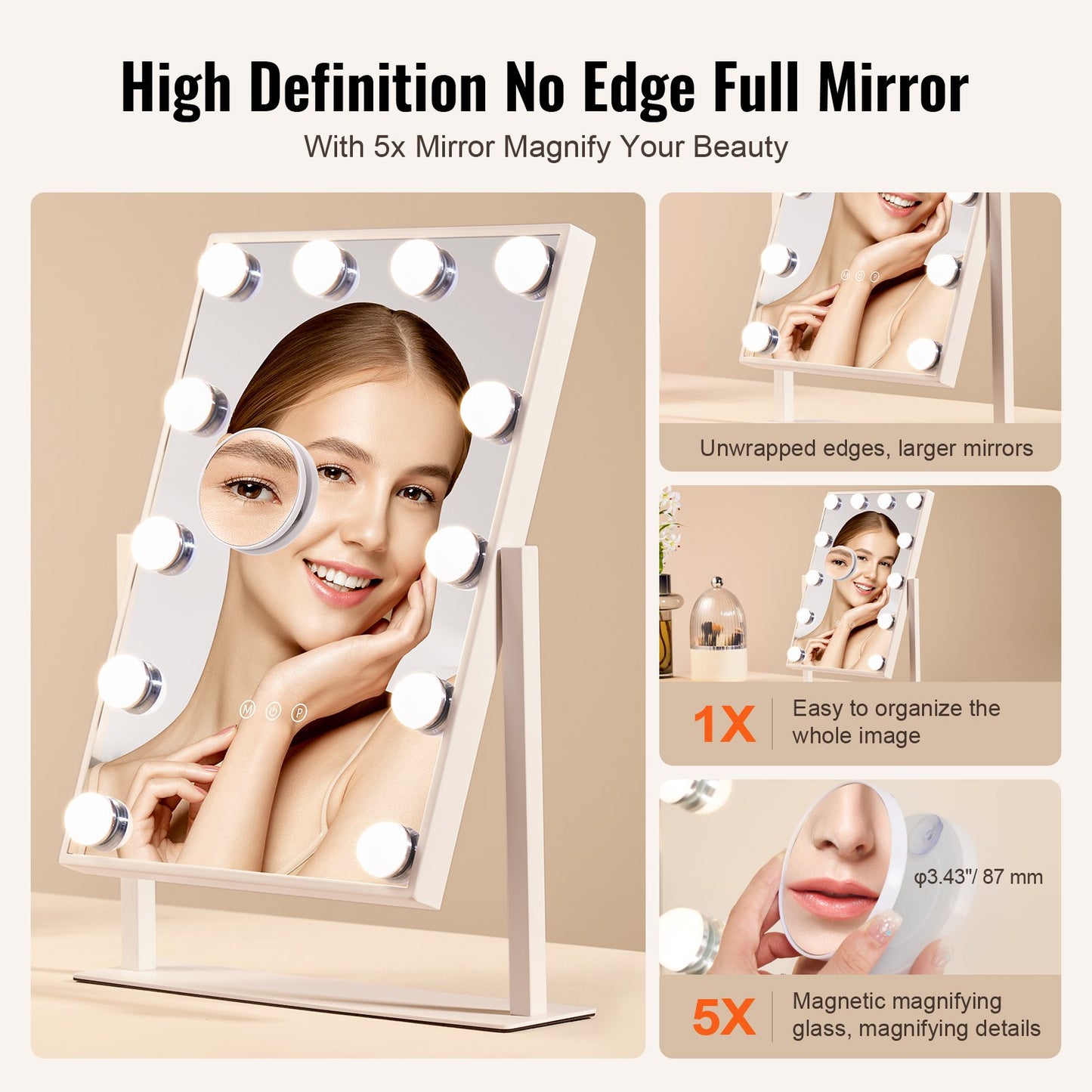 Hollywood Vanity Mirror With Lights, 12 Dimmable Bulbs & 3 Color Lighting Modes, Makeup Mirror with Detachable 5X Magnification, Smart Touch Control, 360 Degree Rotation(16.1x11.8 in, White)