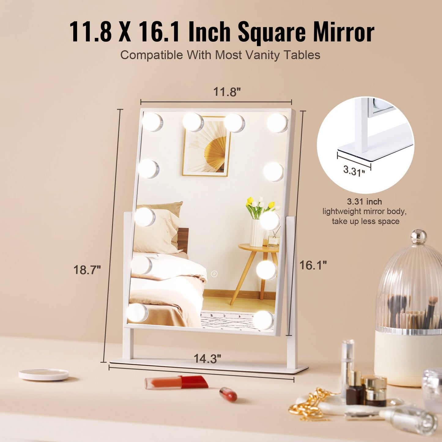 Hollywood Vanity Mirror With Lights, 12 Dimmable Bulbs & 3 Color Lighting Modes, Makeup Mirror with Detachable 5X Magnification, Smart Touch Control, 360 Degree Rotation(16.1x11.8 in, White)