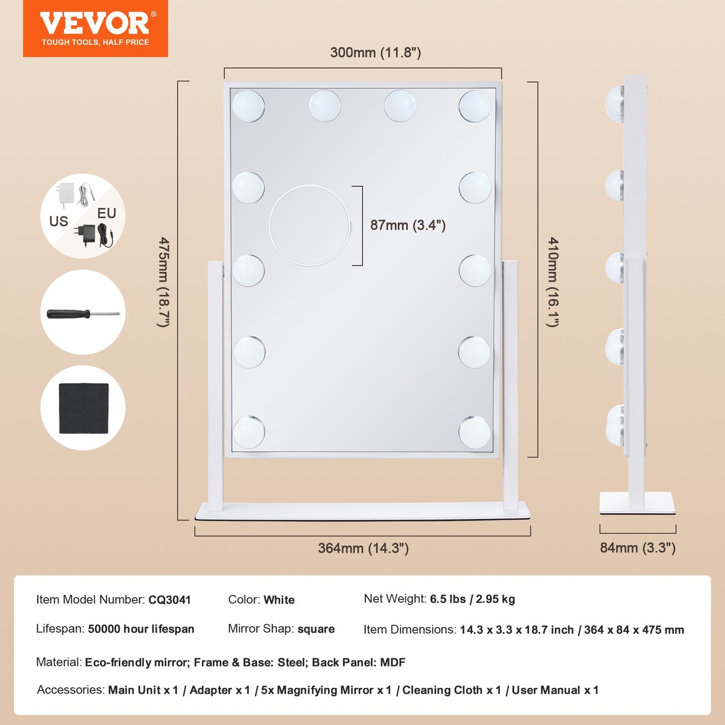 Hollywood Vanity Mirror With Lights, 12 Dimmable Bulbs & 3 Color Lighting Modes, Makeup Mirror with Detachable 5X Magnification, Smart Touch Control, 360 Degree Rotation(16.1x11.8 in, White)