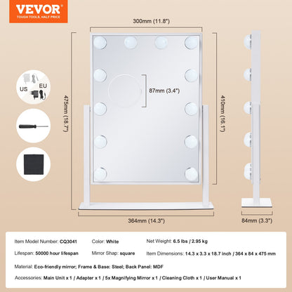 Hollywood Vanity Mirror With Lights, 12 Dimmable Bulbs & 3 Color Lighting Modes, Makeup Mirror with Detachable 5X Magnification, Smart Touch Control, 360 Degree Rotation(16.1x11.8 in, White)