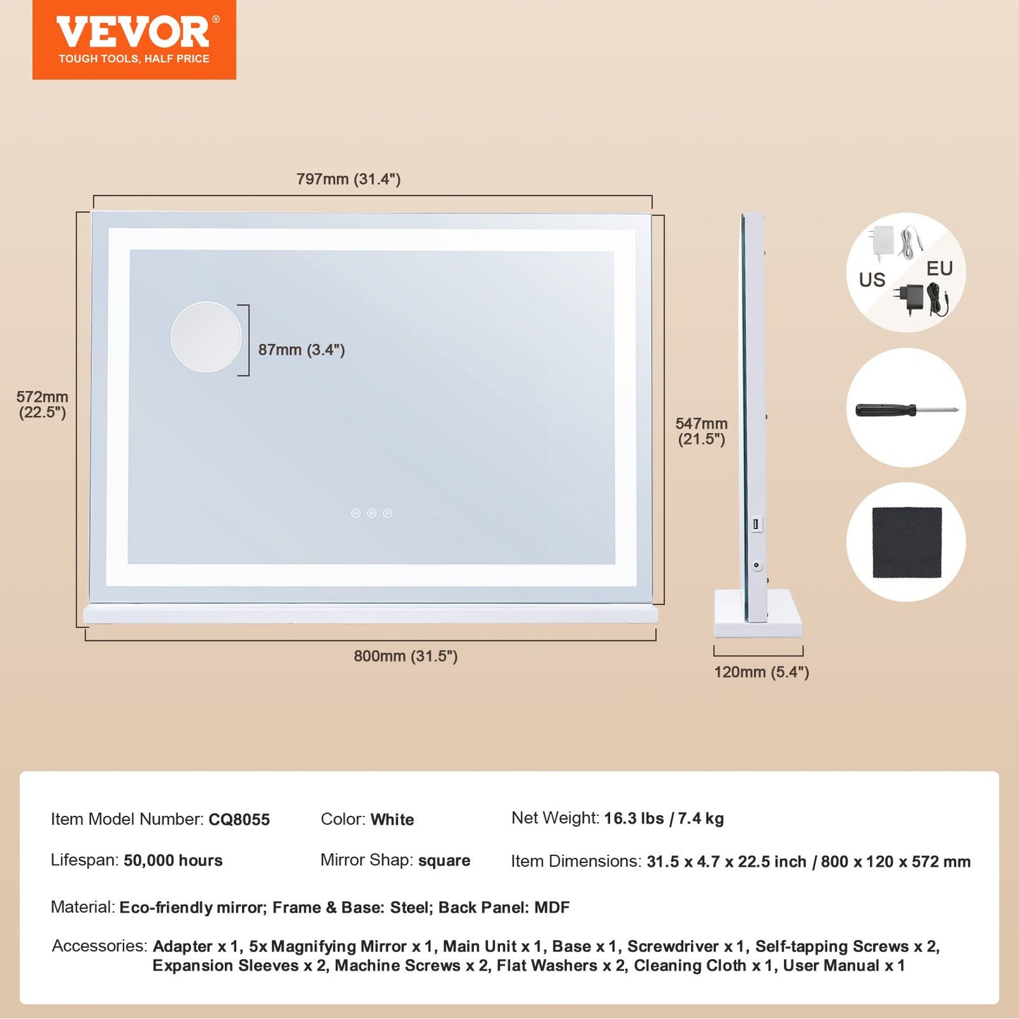 Lighted Makeup Mirror 3 Color Vanity w/ USB Desktop Wall-mount 31.5x21.7in