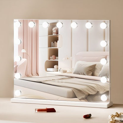 Hollywood Vanity Mirror With Lights,15 Dimmable Bulbs &3 Color Lighting Modes, Makeup Mirror w/ Detachable 5X Magnification,USB Port,Smart Touch Control,Desktop Wall-mount(22.8x18.1 in, White)