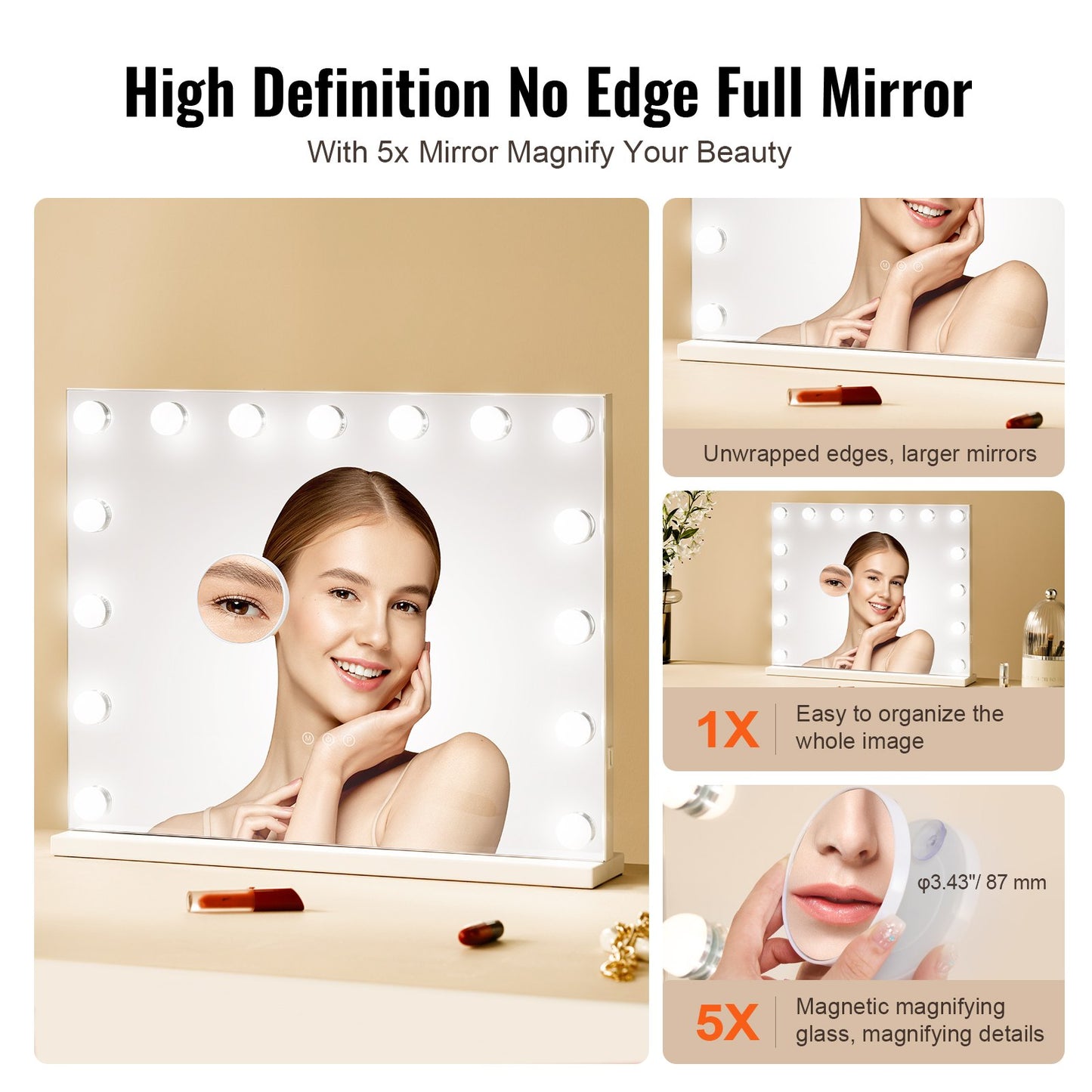 Hollywood Vanity Mirror With Lights,15 Dimmable Bulbs &3 Color Lighting Modes, Makeup Mirror w/ Detachable 5X Magnification,USB Port,Smart Touch Control,Desktop Wall-mount(22.8x18.1 in, White)