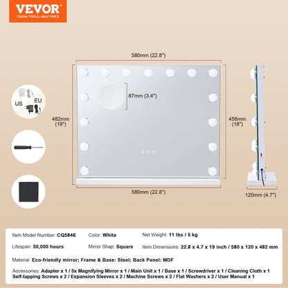 Hollywood Vanity Mirror With Lights,15 Dimmable Bulbs &3 Color Lighting Modes, Makeup Mirror w/ Detachable 5X Magnification,USB Port,Smart Touch Control,Desktop Wall-mount(22.8x18.1 in, White)