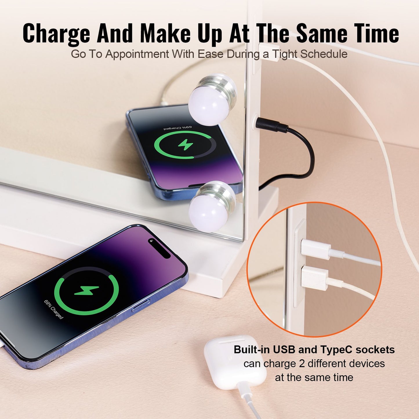 Hollywood sminkspegel med lampor m/ USB typ C skrivbordsväggfäste 23,6 tum