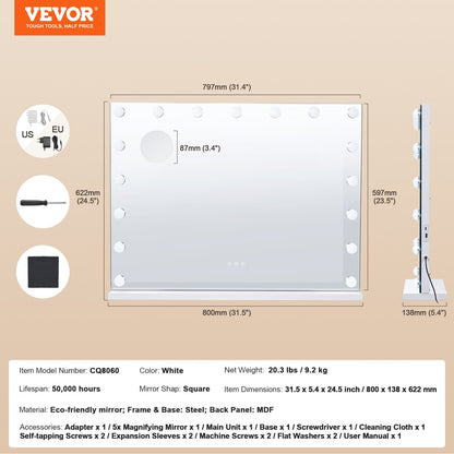Hollywood sminkspegel med lampor m/ USB typ C skrivbordsväggfäste 23,6 tum
