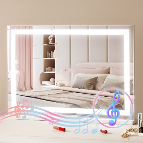 Large Vanity Mirror with Lights and Bluetooth Speaker, Three Color Lighting Modes, Lighted Makeup LED Mirror,5X Magnification,USB,Smart Touch Control,Desktop Wall-Mount (31.5x21.7in, White)
