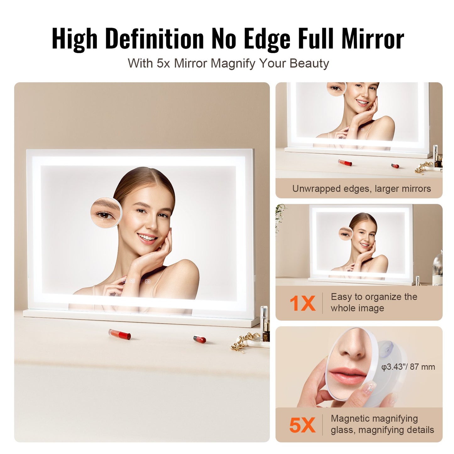 Large Vanity Mirror with Lights and Bluetooth Speaker, Three Color Lighting Modes, Lighted Makeup LED Mirror,5X Magnification,USB,Smart Touch Control,Desktop Wall-Mount (31.5x21.7in, White)