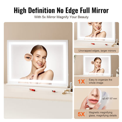 Large Vanity Mirror with Lights and Bluetooth Speaker, Three Color Lighting Modes, Lighted Makeup LED Mirror,5X Magnification,USB,Smart Touch Control,Desktop Wall-Mount (31.5x21.7in, White)