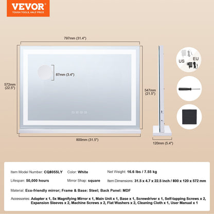 Large Vanity Mirror with Lights and Bluetooth Speaker, Three Color Lighting Modes, Lighted Makeup LED Mirror,5X Magnification,USB,Smart Touch Control,Desktop Wall-Mount (31.5x21.7in, White)