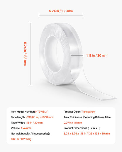 Double Sided Tape Heavy Duty, 16 ft Long Nano Mounting Tape, Strong Adhesive & Reusable, Clear Two Sided Wall Tape, Removable Poster Picture Hanging Strips for Home, Office, Car, Outdoor Use