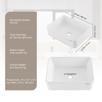 Rectangle Vessel Sink, 19" x 14.7" Bathroom Vessel Sink Countertop, White Ceramic Bathroom Sinks Above Counter, Modern Style, Bright and Elegant, Well-Packaged for Bathroom, Hotel, Toilet, RV