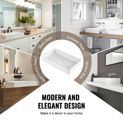 Rectangle Vessel Sink, 24" x 13.8" Bathroom Vessel Sink Countertop, White Ceramic Bathroom Sinks Above Counter, Modern Style, Bright and Elegant, Well-Packaged for Bathroom, Hotel, Toilet, RV