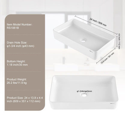 Rectangle Vessel Sink, 24" x 13.8" Bathroom Vessel Sink Countertop, White Ceramic Bathroom Sinks Above Counter, Modern Style, Bright and Elegant, Well-Packaged for Bathroom, Hotel, Toilet, RV