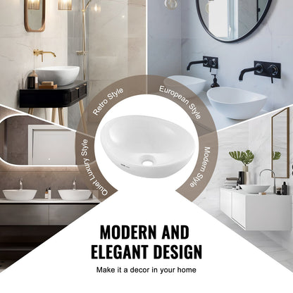 Oval Vessel Sink, 16" x 13.4" Bathroom Vessel Sink Bowl Countertop, White Ceramic Bathroom Sinks Above Counter, Bowl Sink with Modern Style, Well-Packaged for Bathroom, Hotel, Toilet, RV