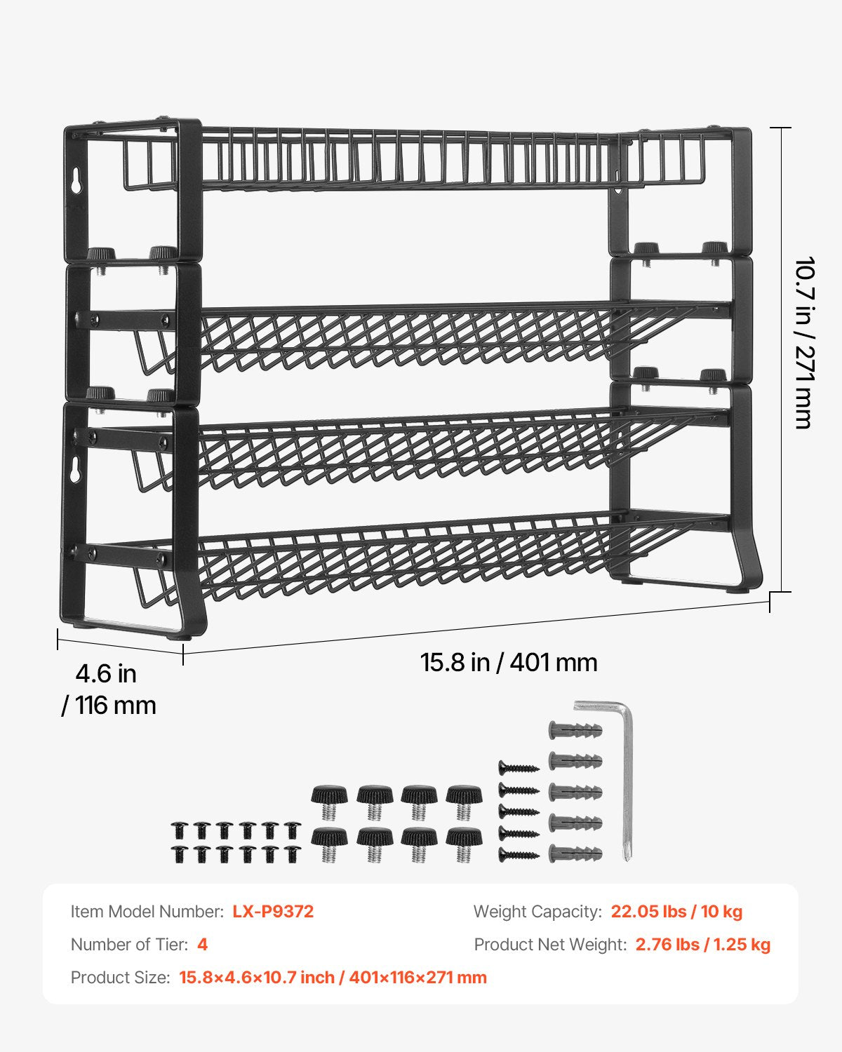 Detachable Spice Rack Organizer for Cabinet, 4 Tie Stackable Seasoning Organizer, Spice Jars Kitchen Storage for Countertop Kitchen Pantry Cupboard, 15.8x10.7 in