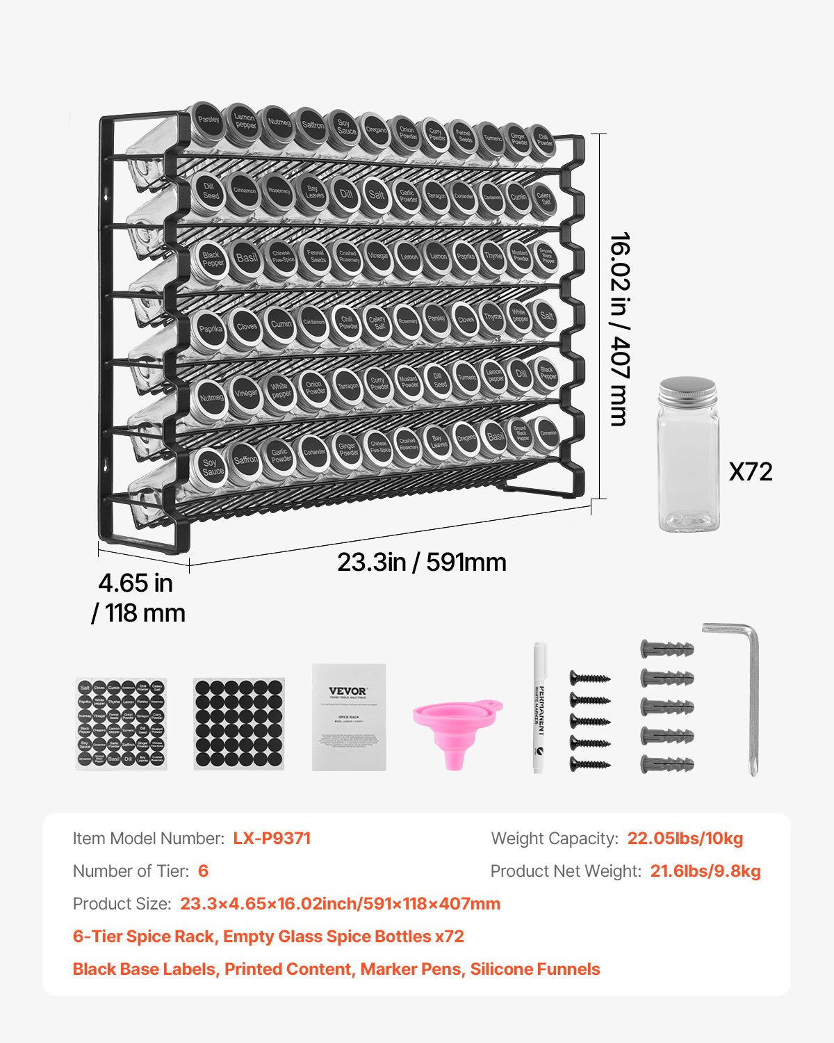 Spice Rack Organizer for Cabinet, Spice Organizer with 72 Empty Spice Jars, Lids, Spice Labels, and Funnel Complete Set, Seasoning Organizer for Countertop, Kitchen, Pantry, Cupboard, 23x16 in