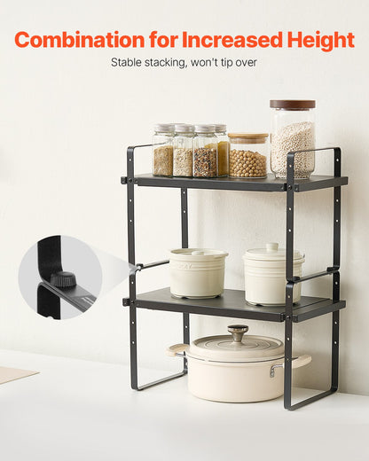 Adjustable Kitchen Cabinet Shelf Organizer, Expandable 2 Tier Cabinet Shelf, Stackable Countertop Organizers and Storage Shelf Risers, Pantry Organizers for Kitchen Bathroom Office, Black