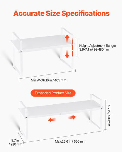 Adjustable Kitchen Cabinet Shelf Organizer, Expandable 2 Tier Cabinet Shelf, Stackable Countertop Organizers and Storage Shelf Risers, Pantry Organizers for Kitchen Bathroom Office, White