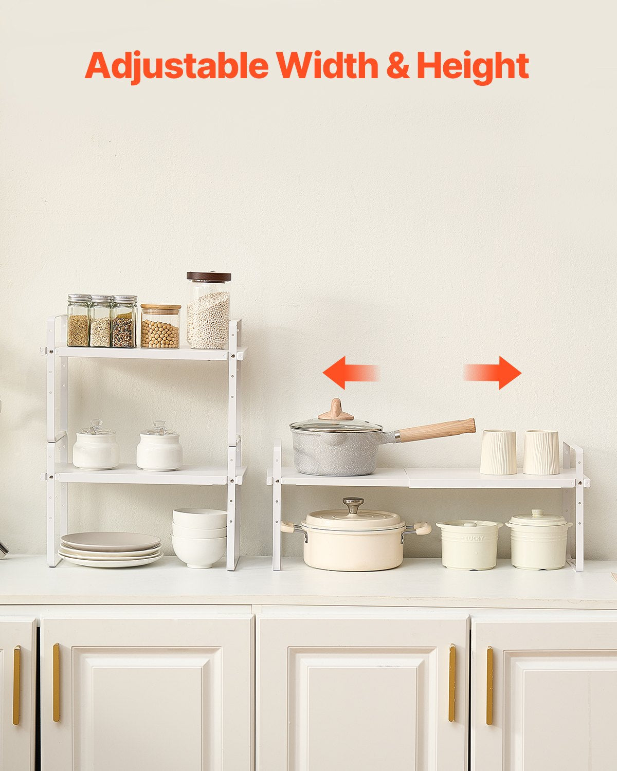 Adjustable Kitchen Cabinet Shelf Organizer, Expandable 2 Tier Cabinet Shelf, Stackable Countertop Organizers and Storage Shelf Risers, Pantry Organizers for Kitchen Bathroom Office, White
