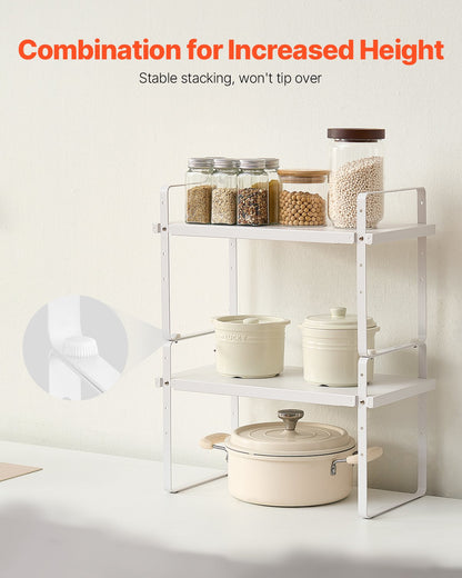 Adjustable Kitchen Cabinet Shelf Organizer, Expandable 2 Tier Cabinet Shelf, Stackable Countertop Organizers and Storage Shelf Risers, Pantry Organizers for Kitchen Bathroom Office, White