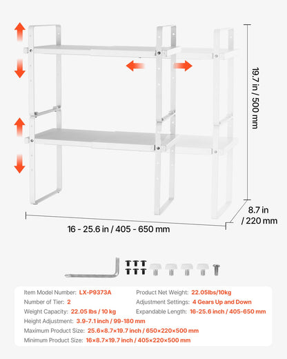Adjustable Kitchen Cabinet Shelf Organizer, Expandable 2 Tier Cabinet Shelf, Stackable Countertop Organizers and Storage Shelf Risers, Pantry Organizers for Kitchen Bathroom Office, White