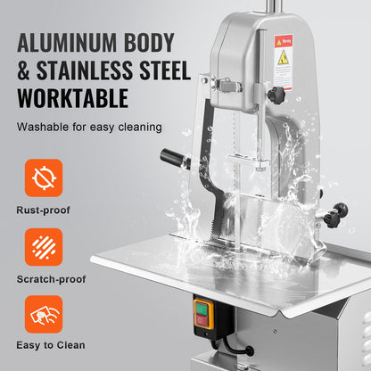 Commercial Electric Meat Bandsaw, 650W Stainless Steel Countertop Meat Sawing Machine, Workbench 12.4" x 18.1", 4.33 Inch Max Cutting Thickness, Frozen Fish Cutter for Rib Pork Beef