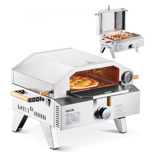 Outdoor Pizza Oven, 13 in Gas Fired Pizza-Maker, Portable Outside Gas Oven with Thickened Cordierite Pizza-Stone, and Built-in Thermometer, Pizza or Grill Two Modes, for Camping & Backyard