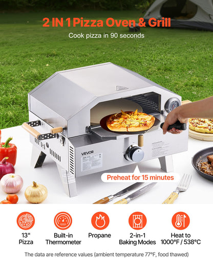 Outdoor Pizza Oven, 13 in Gas Fired Pizza-Maker, Portable Outside Gas Oven with Thickened Cordierite Pizza-Stone, and Built-in Thermometer, Pizza or Grill Two Modes, for Camping & Backyard