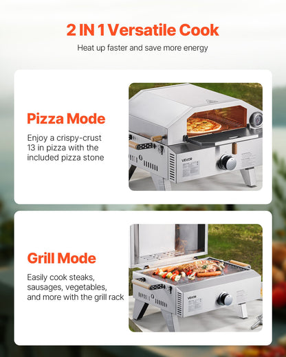 Outdoor Pizza Oven, 13 in Gas Fired Pizza-Maker, Portable Outside Gas Oven with Thickened Cordierite Pizza-Stone, and Built-in Thermometer, Pizza or Grill Two Modes, for Camping & Backyard