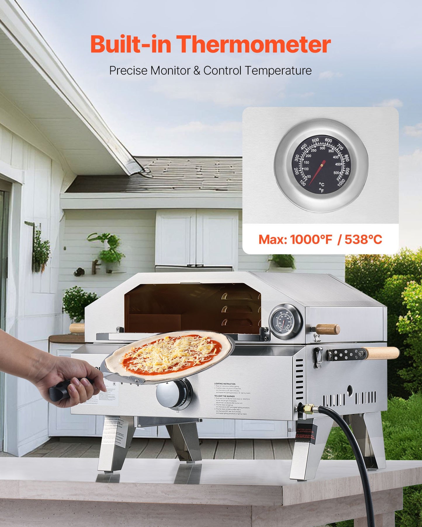Outdoor Pizza Oven, 13 in Gas Fired Pizza-Maker, Portable Outside Gas Oven with Thickened Cordierite Pizza-Stone, and Built-in Thermometer, Pizza or Grill Two Modes, for Camping & Backyard