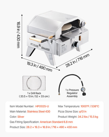 Outdoor Pizza Oven, 13 in Gas Fired Pizza-Maker, Portable Outside Gas Oven with Thickened Cordierite Pizza-Stone, and Built-in Thermometer, Pizza or Grill Two Modes, for Camping & Backyard