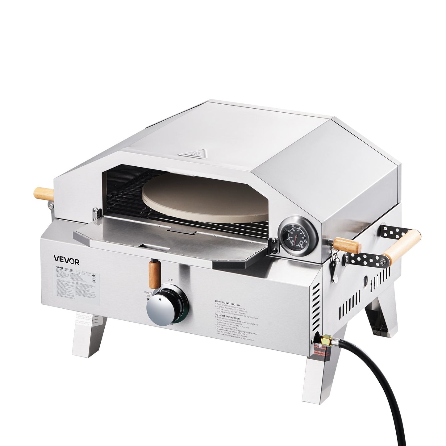 Outdoor Pizza Oven, 13 in Gas Fired Pizza-Maker, Portable Outside Gas Oven with Thickened Cordierite Pizza-Stone, and Built-in Thermometer, Pizza or Grill Two Modes, for Camping & Backyard