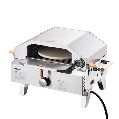 Outdoor Pizza Oven, 13 in Gas Fired Pizza-Maker, Portable Outside Gas Oven with Thickened Cordierite Pizza-Stone, and Built-in Thermometer, Pizza or Grill Two Modes, for Camping & Backyard