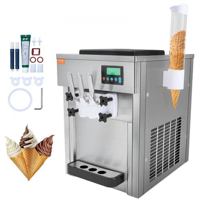 Commercial Ice Cream Machine, 21 QT/H Yield, 1800W 3-Flavor Countertop Soft Serve Ice Cream Maker, 2 x 4L Hopper 2 x 1.8L Cylinder, LCD Panel Auto Clean Pre-cooling, for Restaurant Snack Bar