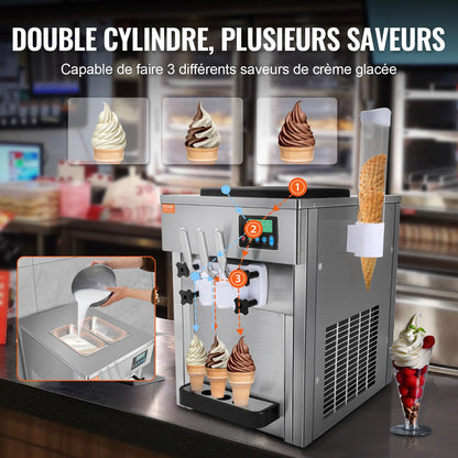 Commercial Ice Cream Machine, 21 QT/H Yield, 1800W 3-Flavor Countertop Soft Serve Ice Cream Maker, 2 x 4L Hopper 2 x 1.8L Cylinder, LCD Panel Auto Clean Pre-cooling, for Restaurant Snack Bar