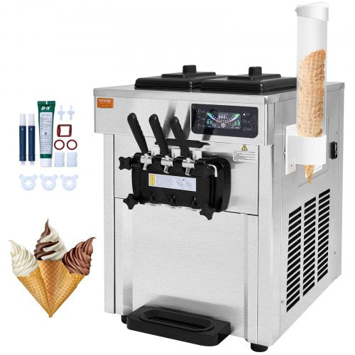 Commercial Ice Cream Machine, 18-28 L/H Yield, 1850W 3-Flavor Countertop Soft Serve Ice Cream Maker, 2 x 5.5L Stainless Steel Cylinder, LED Panel Auto Clean Pre-cooling, for Restaurant Bars