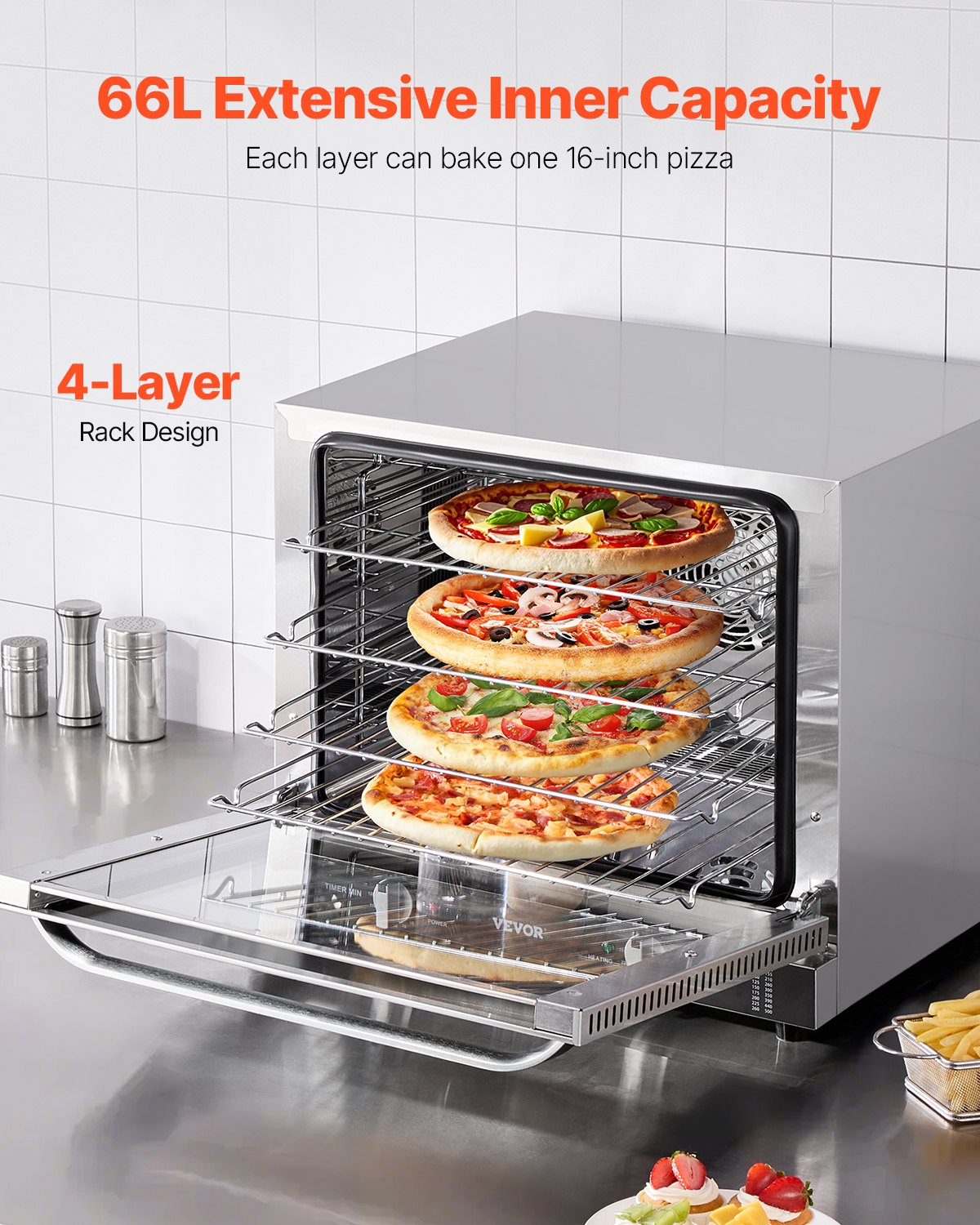 Commercial Countertop Oven, 66L 4-Tier Toaster Oven, 2800W Electric Baking Oven with Tempered Glass Door, Wire Racks Clip Tray Gloves, Stainless Steel Commercial Oven for Restaurant Bakery
