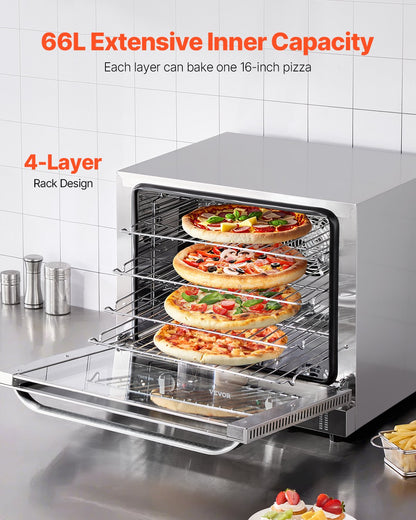 Commercial Countertop Oven, 66L 4-Tier Toaster Oven, 2800W Electric Baking Oven with Tempered Glass Door, Wire Racks Clip Tray Gloves, Stainless Steel Commercial Oven for Restaurant Bakery