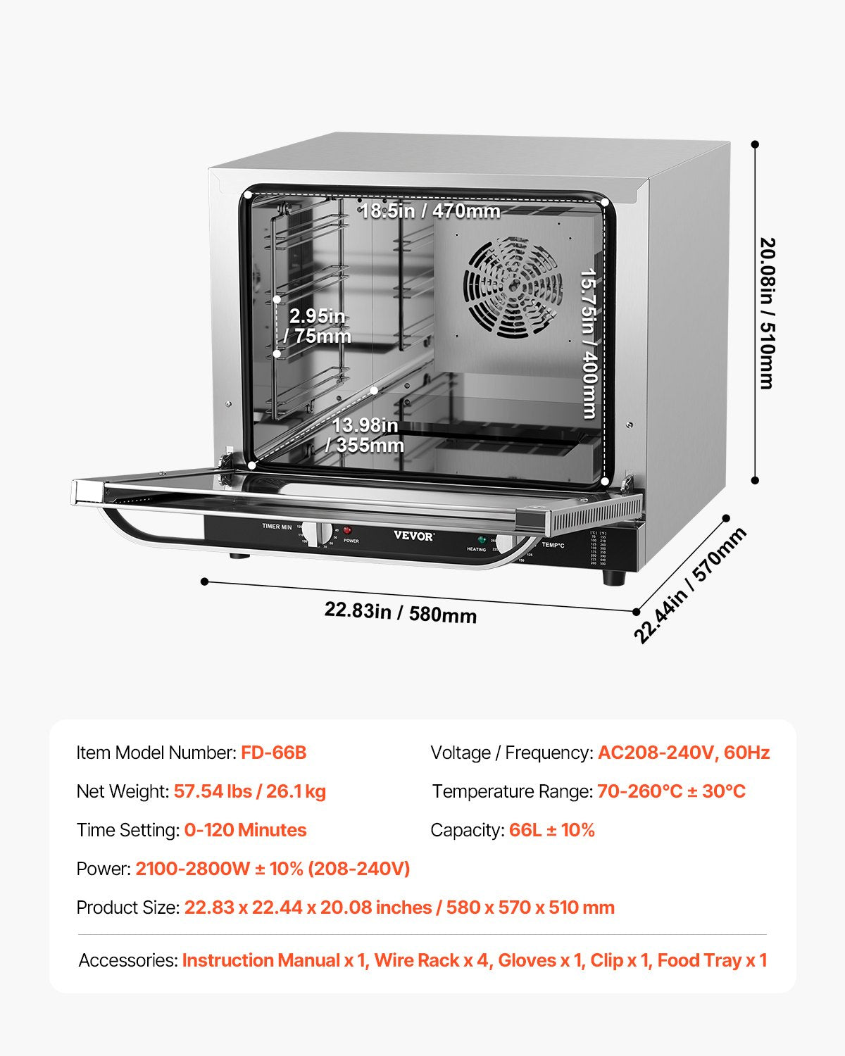 Commercial Countertop Oven, 66L 4-Tier Toaster Oven, 2800W Electric Baking Oven with Tempered Glass Door, Wire Racks Clip Tray Gloves, Stainless Steel Commercial Oven for Restaurant Bakery