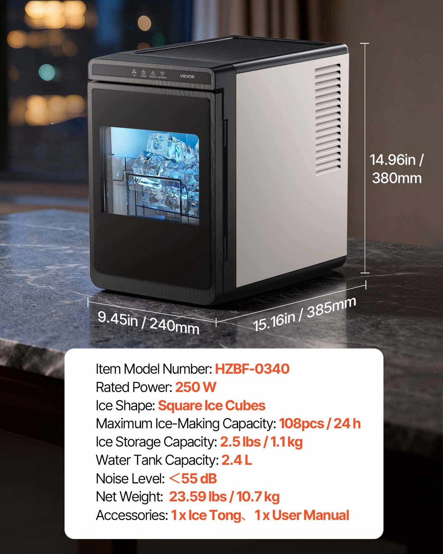 Countertop Ice Maker, 22 lbs per Day, Self-Cleaning Portable Machine with Tong, Drawer-Style Ice Access, Ice-Making Machine with Large Square Cubes, for Home, Kitchen, Office, Bar & Party