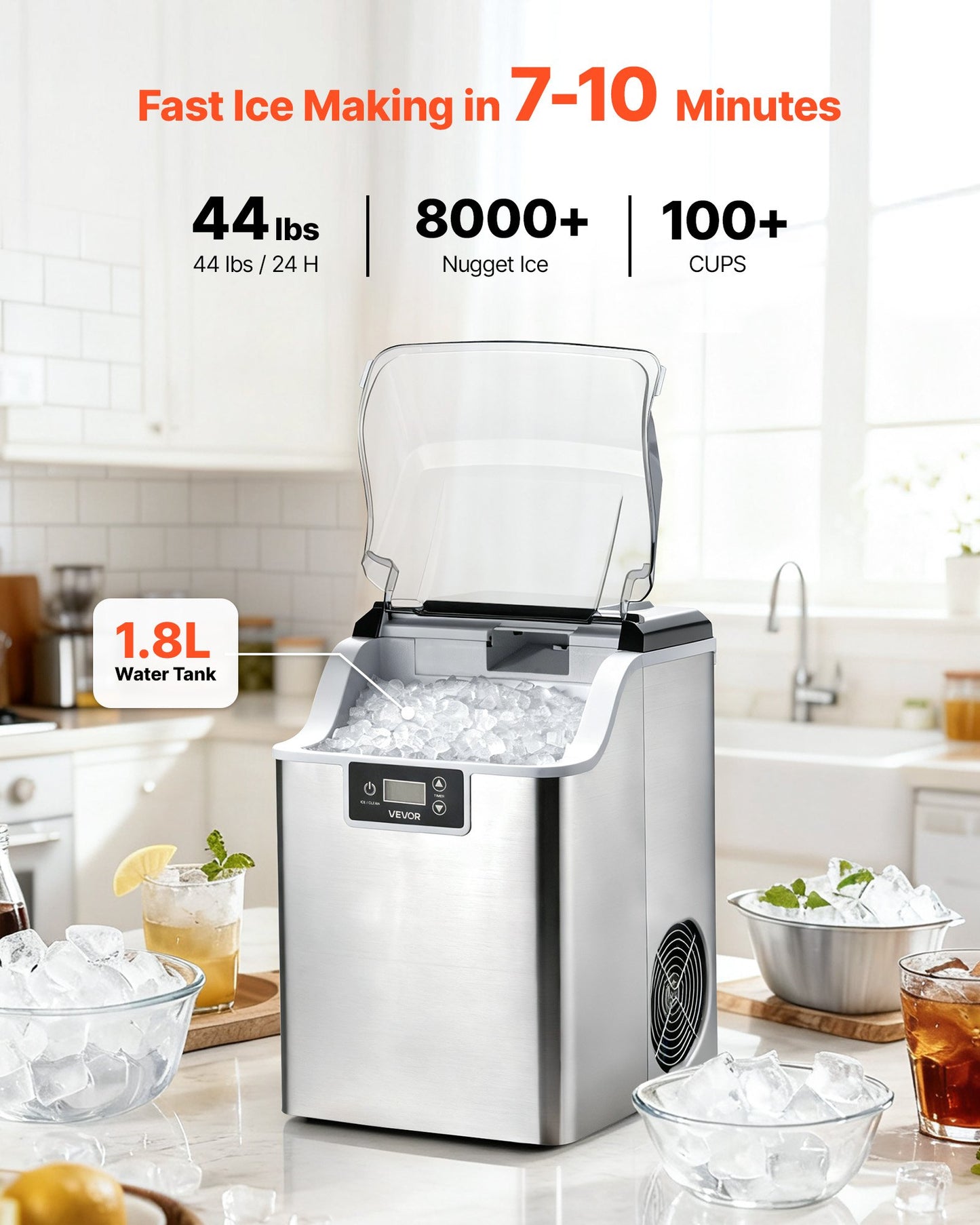 Countertop Ice Maker, 44 lbs per Day, Self-Cleaning Portable Machine with Scoop, 4 lbs Ice-Storage Basket, Nugget Ice-Making Machine with Chewable Ices for Home, Kitchen, Office, Bar & Party