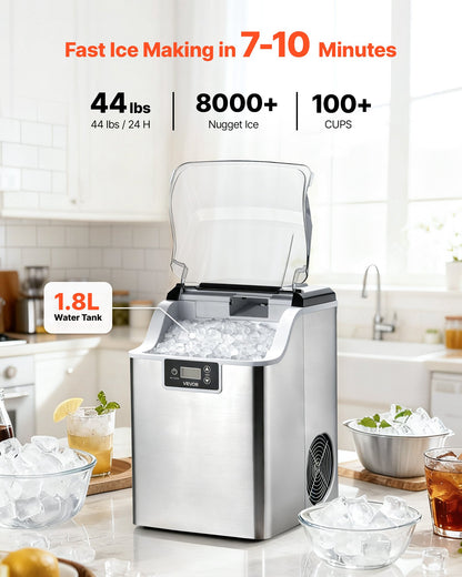 Countertop Ice Maker, 44 lbs per Day, Self-Cleaning Portable Machine with Scoop, 4 lbs Ice-Storage Basket, Nugget Ice-Making Machine with Chewable Ices for Home, Kitchen, Office, Bar & Party