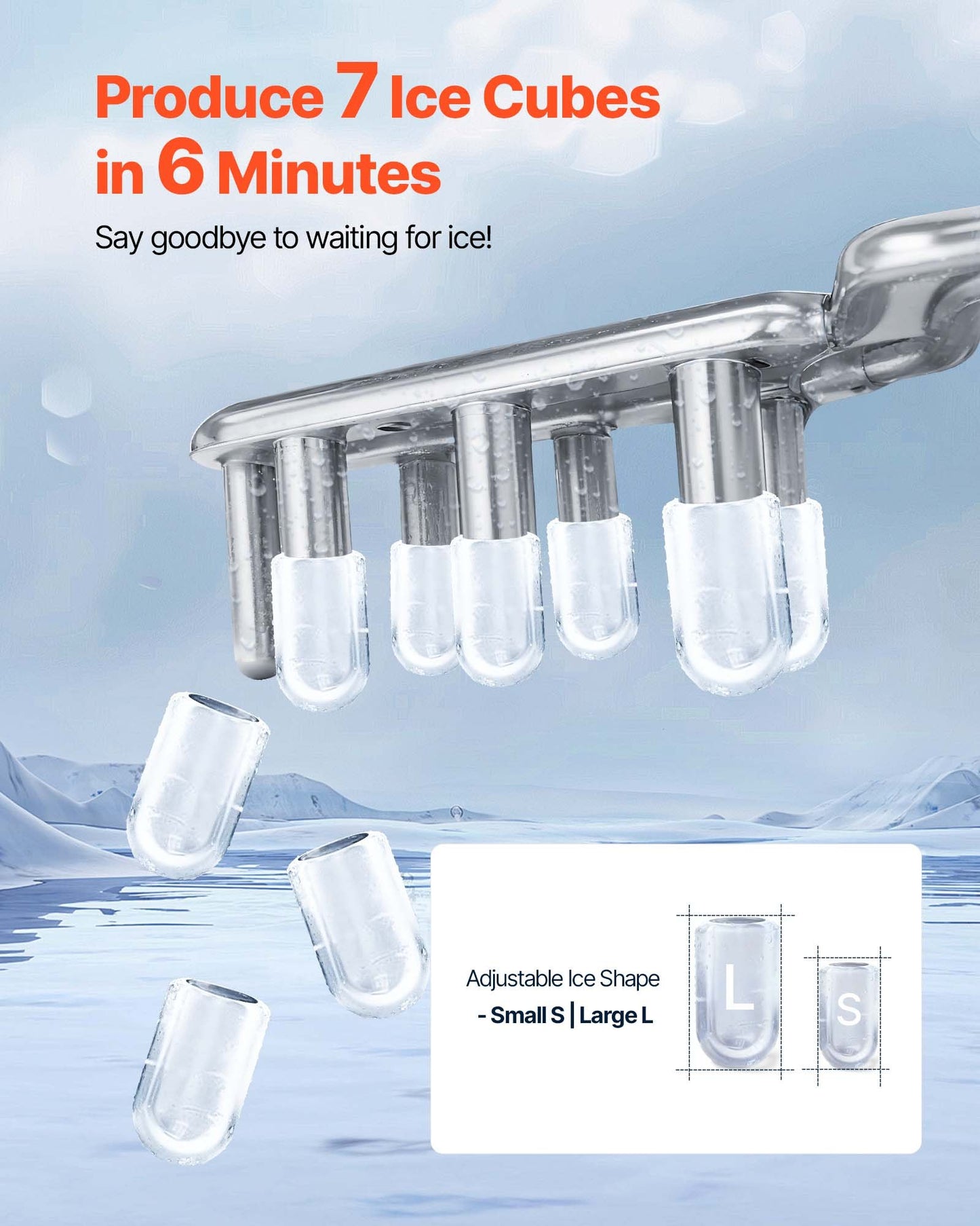 Countertop Ice Maker, 7 Cubes Ready in 6 Mins, 26 lbs per Day, Self-Cleaning Portable Machine with Ice Scoop, Ice-Making Machine with 2 Sizes Bullet Ices for Home, Kitchen, Office, Bar & Party